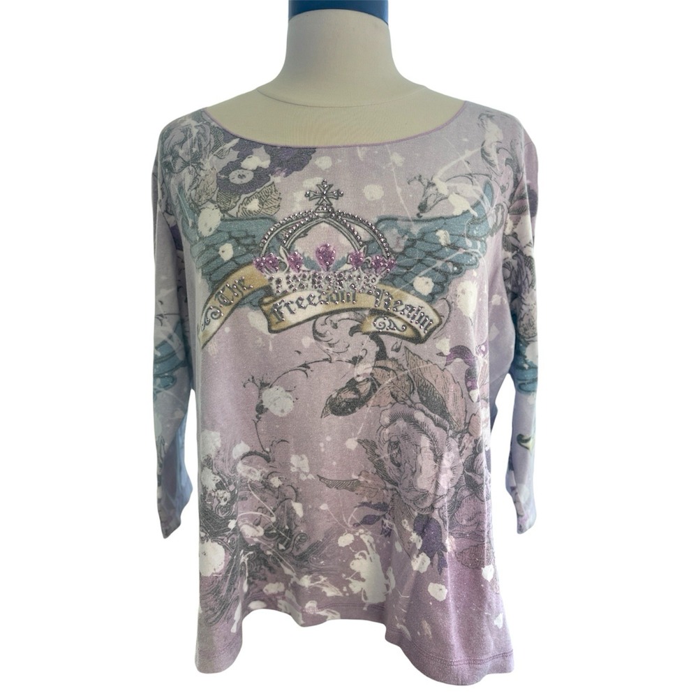 Y2K XCIT USA  Freedom Realm Rhinestones Purple Top‎ 1X Vampire Diaries Ed Hardy